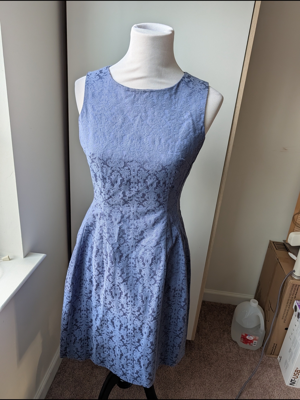 Sleeveless Lace-Texture A-Line Dress in Periwinkle Blue